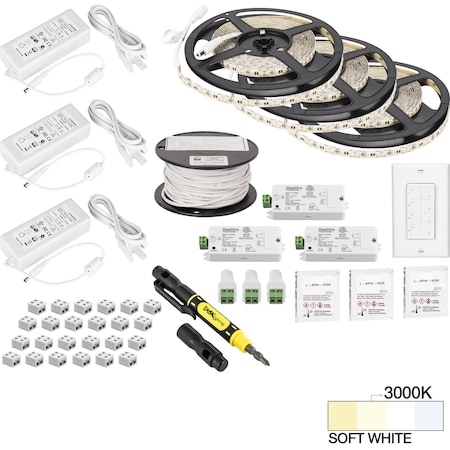 Task Lighting 49 Ft., 225 Lumens/Ft. 12 V, Quattro Wireless Controller, 3 Zone 3 Area, Sgl-Wht, Soft. Wht 3000K L-VK3Z3A-49-30